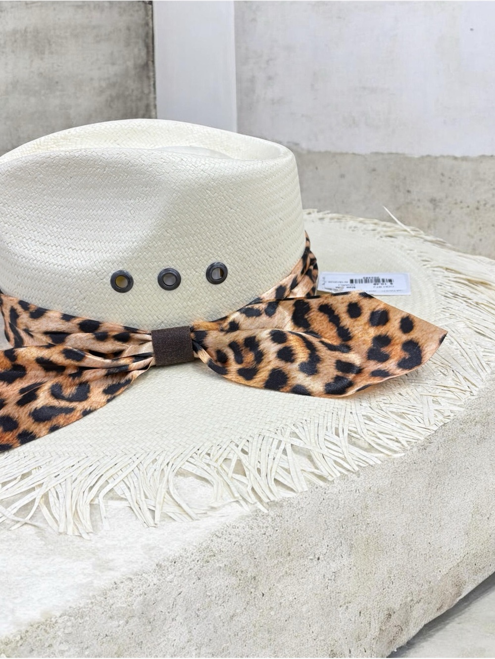 White Straw Sun Hat with Leopard Band - Picture 2 of 4